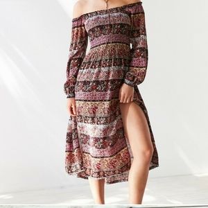 Urban Outfitters Kimchi Blue smocked pink off the shoulder floral boho dress